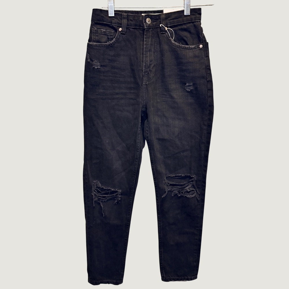 2030 | NWT Bershka Distressed Grunge High Waist Mom Jeans Black Womens Size 00